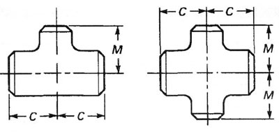 DIMENSIONS OF REDUCING OUTLET TEES AND REDUCING OUTLET CROSSES